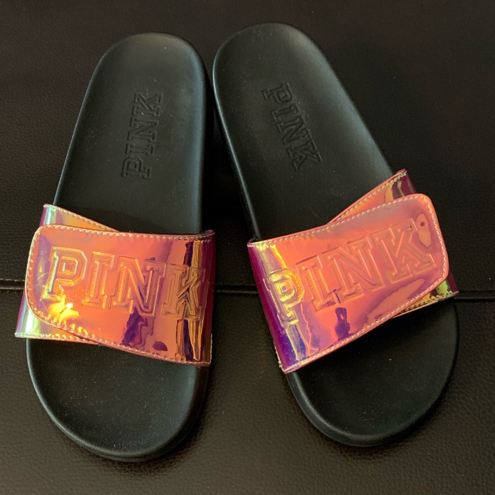 VICTORIA'S SECRET Women PINK Rose Gold Iridescent SLIDE SANDALS Size M 7-8 Nice!